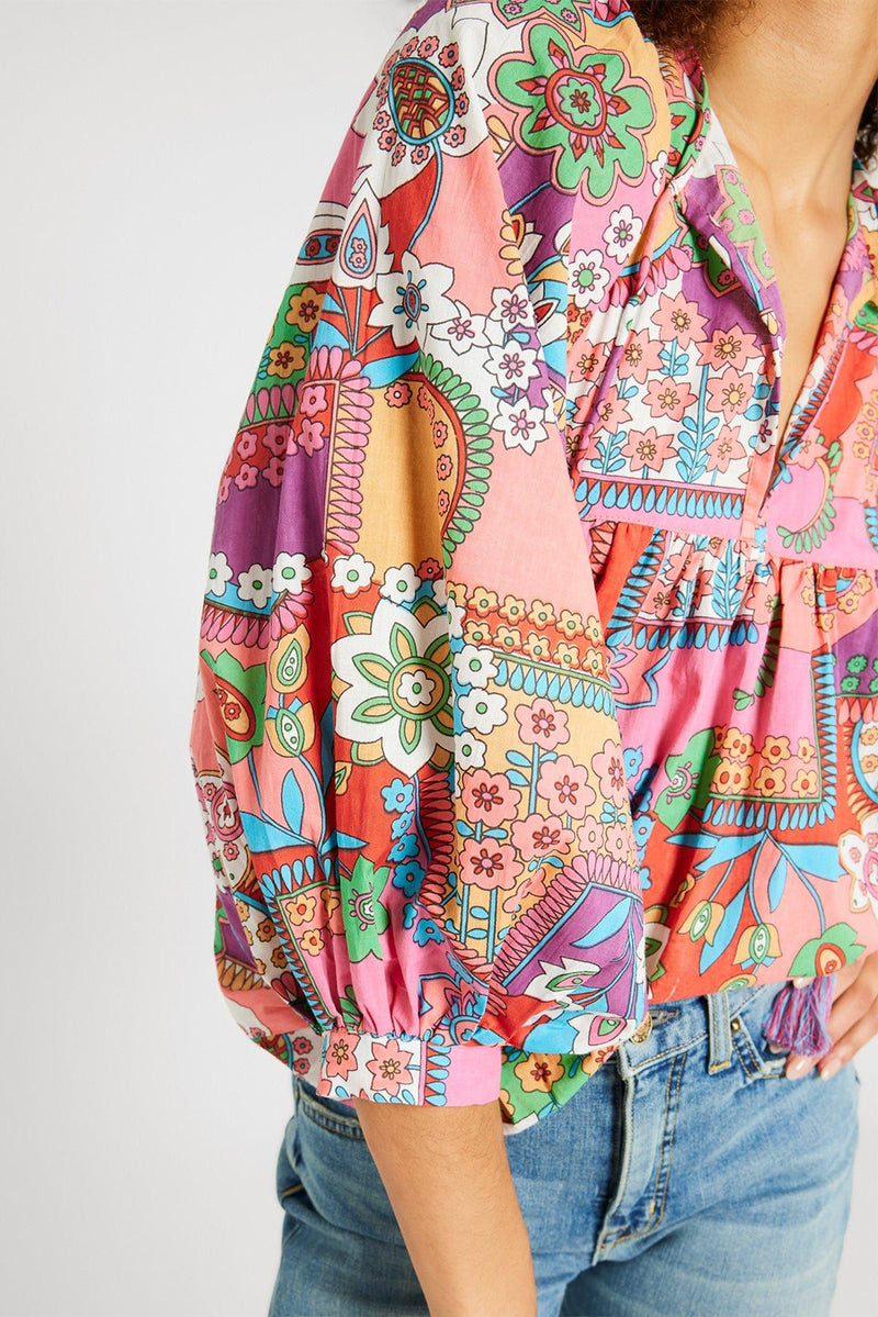 *WEBSITE EXCLUSIVE* Multicolour Boho Floral Tie V Neck Pleated Blouse