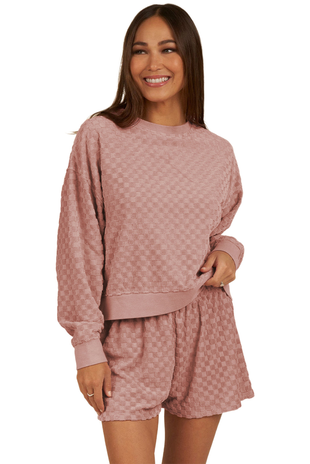 *Website Exclusive* Blossom Checkered Textured Long Sleeve Top and Shorts Set