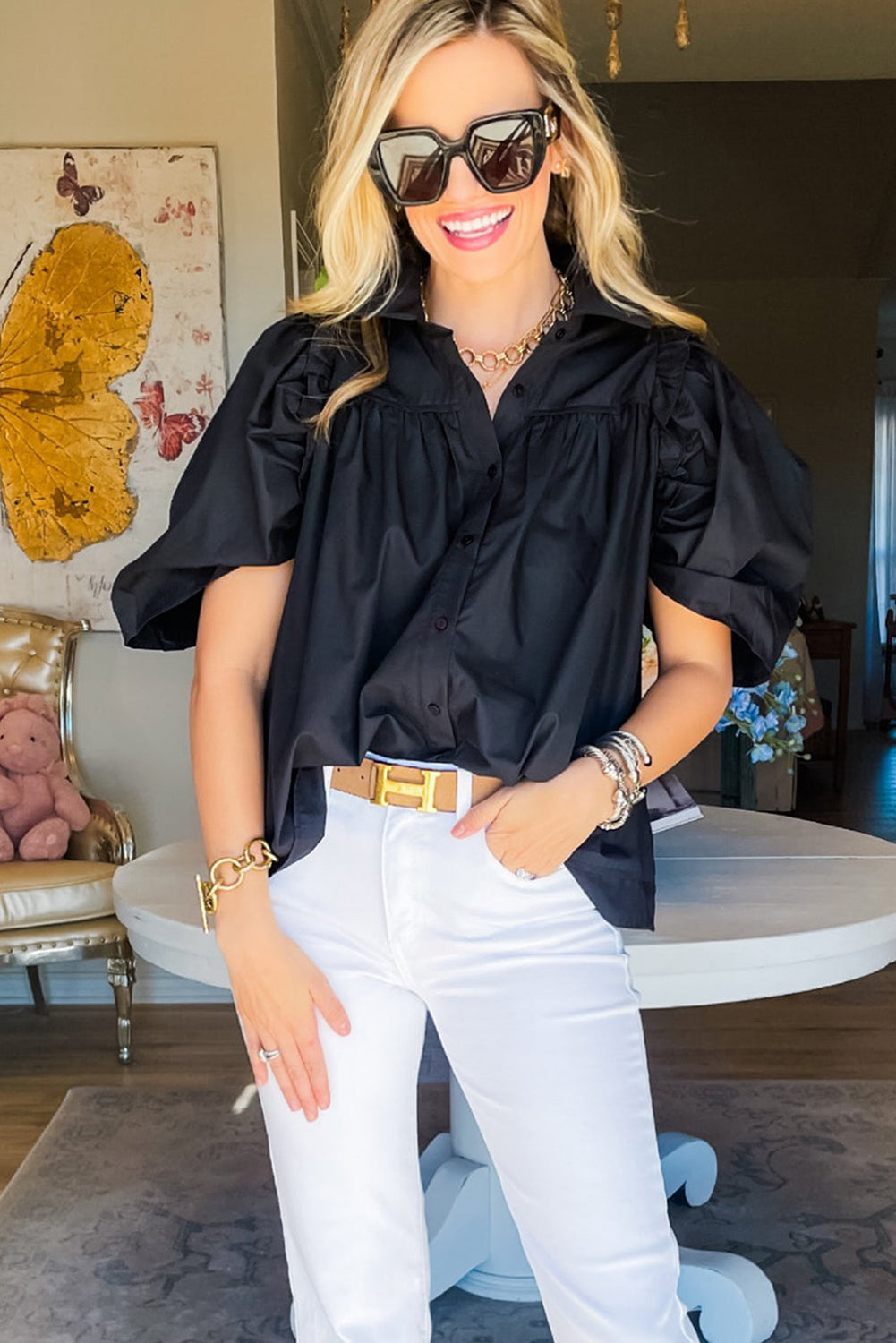 *WEBSITE EXCLUSIVE* Black Puff Sleeve Buttoned Up Blouse