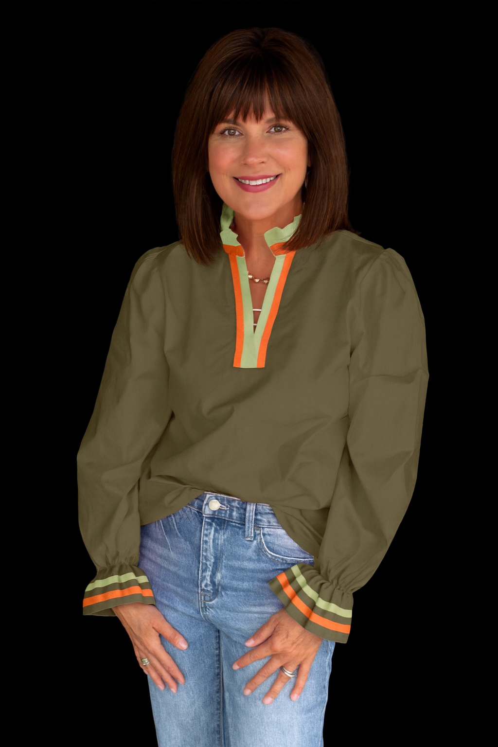 Green Striped Trim Blouse