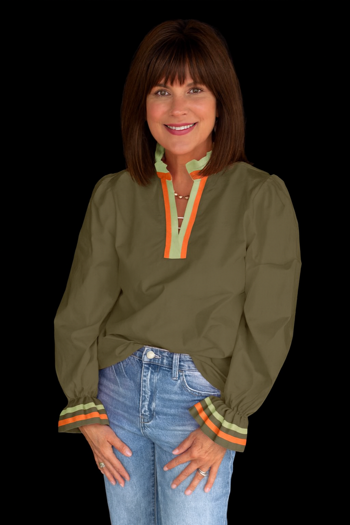 Green Striped Trim Blouse