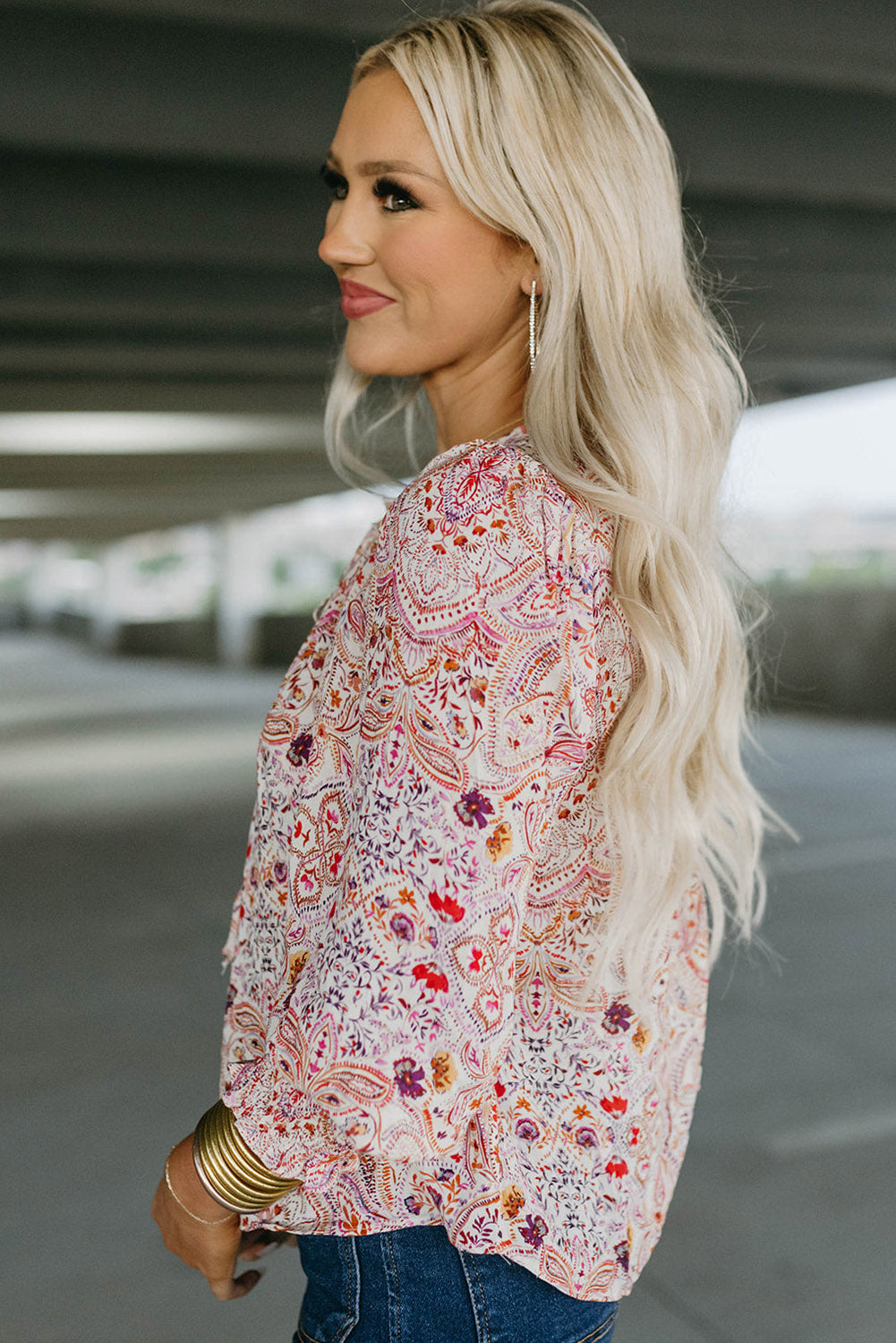 *WEBSITE EXCLUSIVE* Red Boho Paisley Print Shirred Cuffs Blouse