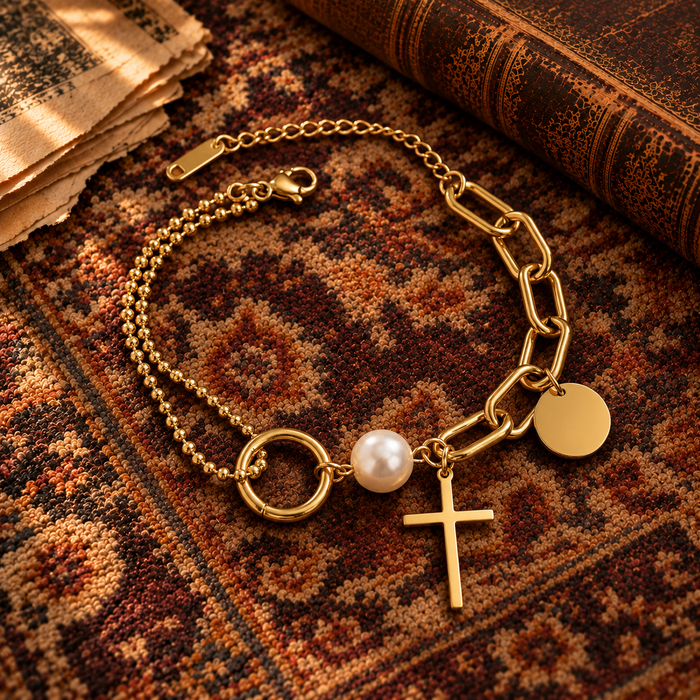 Cross & Medallion Charm Bracelet