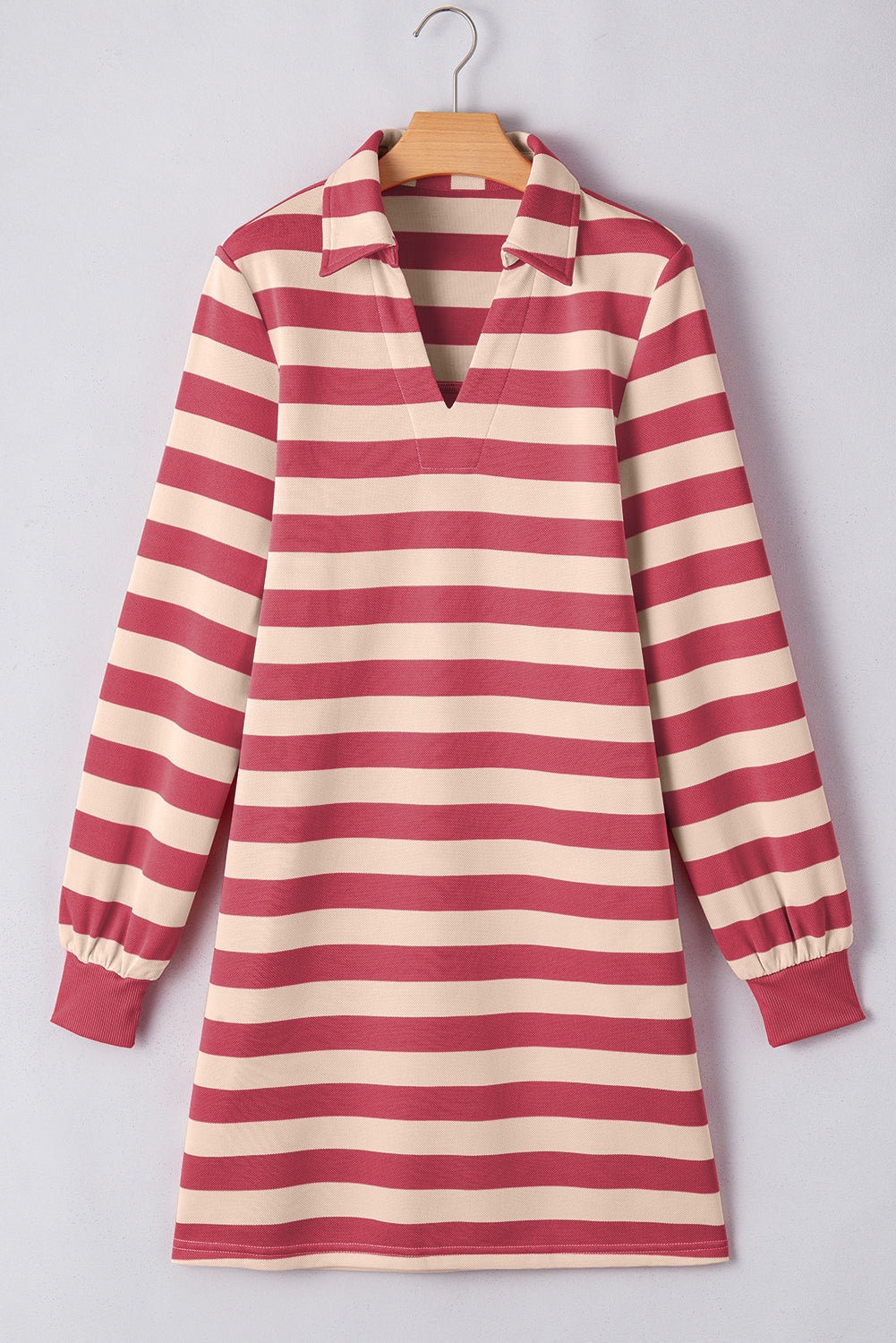 *Website Exclusive* Stripe Pocketed Collared V Neck Loose Fit Mini Dress