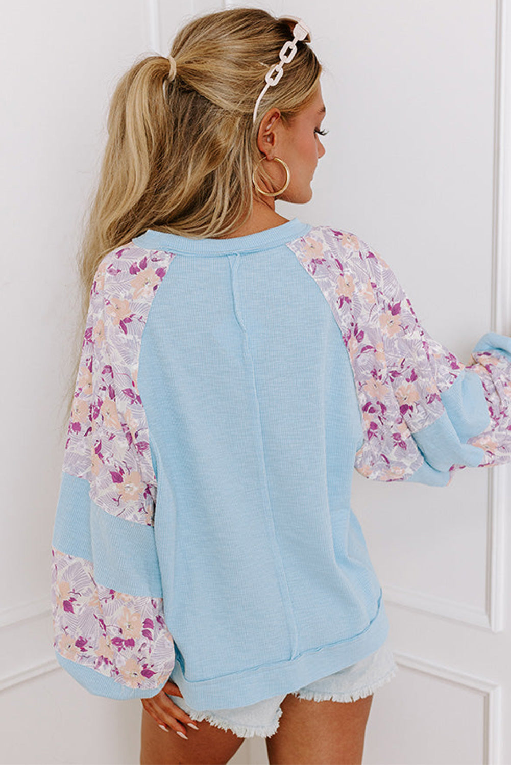 *WEBSITE EXCLUSIVE* Piper Rib Floral Patchwork Balloon Sleeve Top