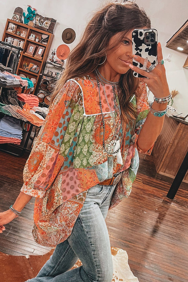 *Website Exclusive* Orange Boho Paisley Mixed Print 3/4 Sleeve Chiffon Loose Dress