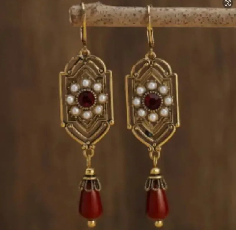 Antique Look Burgundy or Black Dangle Earrings