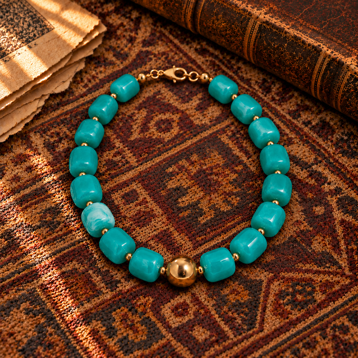 Aqua Blue & Gold Bead Chunky Necklace