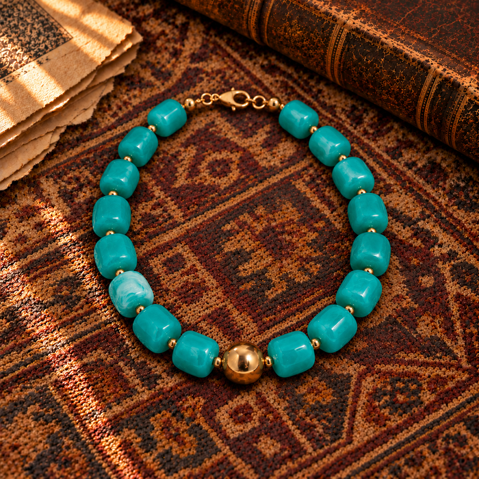 Aqua Blue & Gold Bead Chunky Necklace