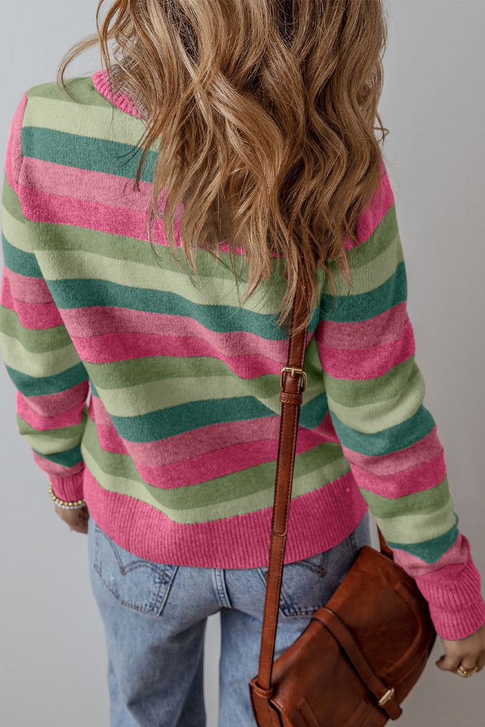 Green Striped Ribbed Edge Round Neck Sweater