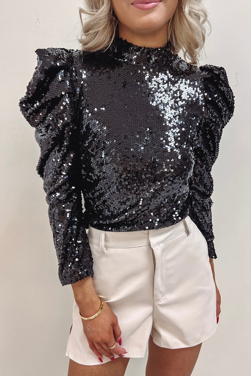 *WEBSITE EXCLUSIVE* Vivian Sequin Mock Neck Ruched Puff Sleeve Top