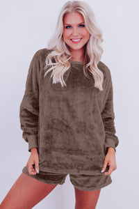 *WEBSITE EXCLUSIVE* Coffee Solid Loose Fit High Waist Fleece Loungewear Set