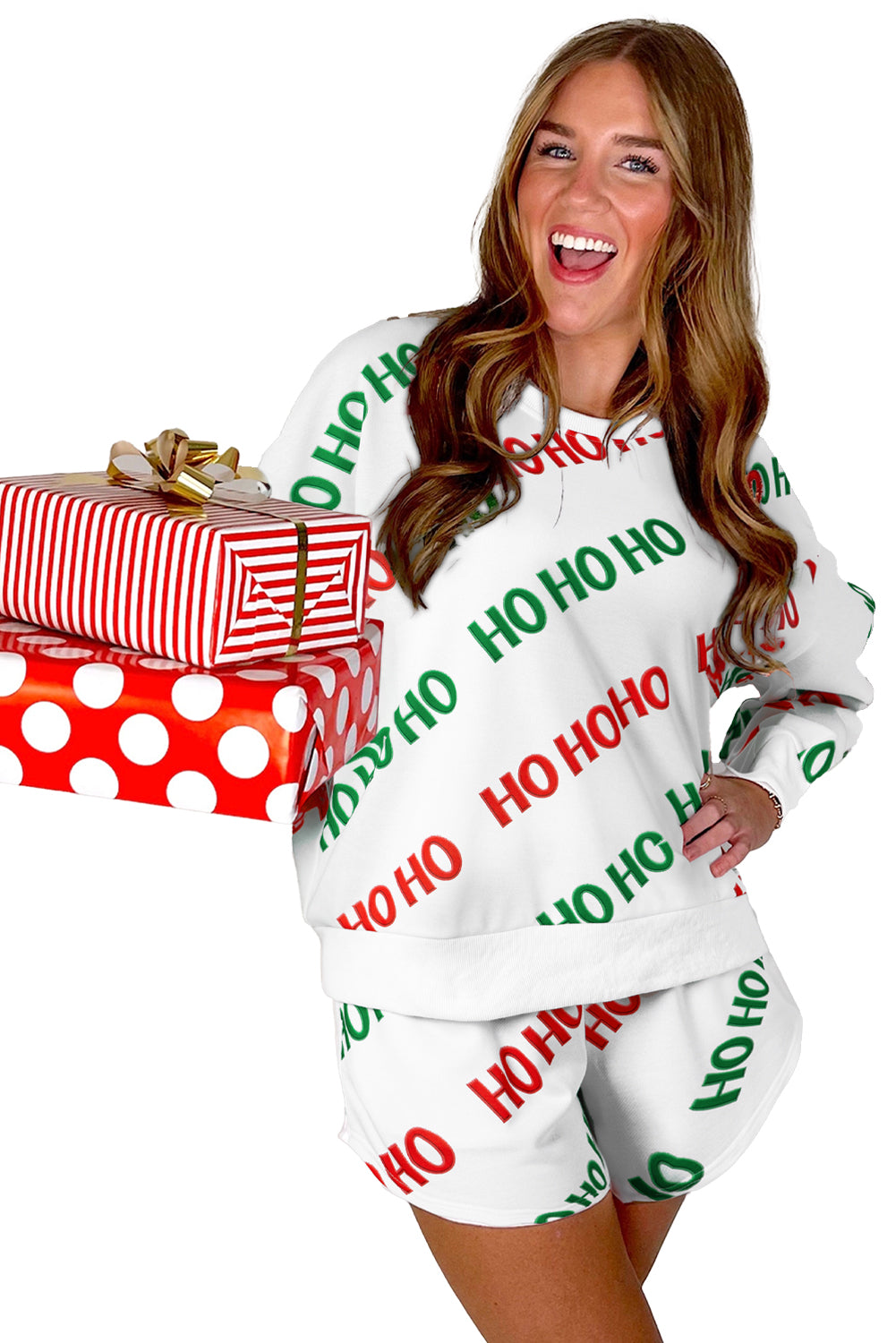 *Website Exclusive* White Christmas HO HO HO Print Drop Shoulder Pullover and Shorts Set