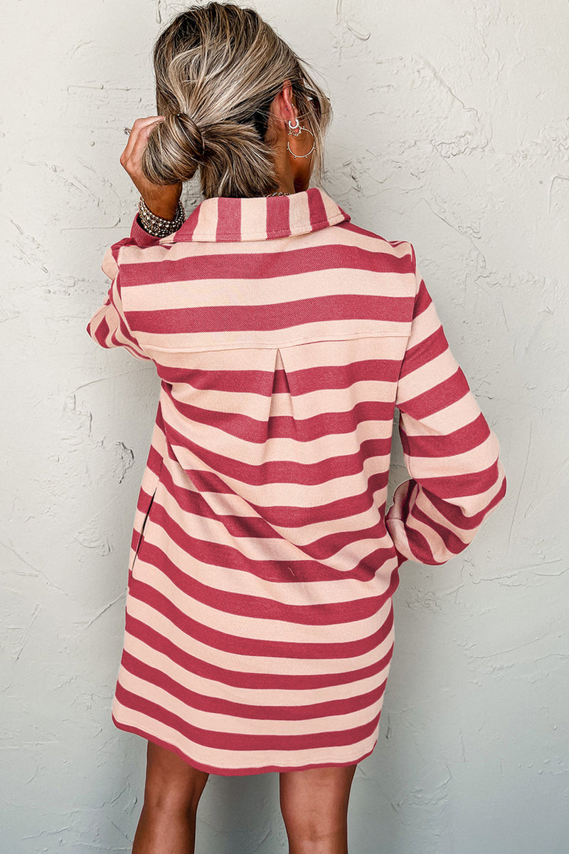 *Website Exclusive* Stripe Pocketed Collared V Neck Loose Fit Mini Dress