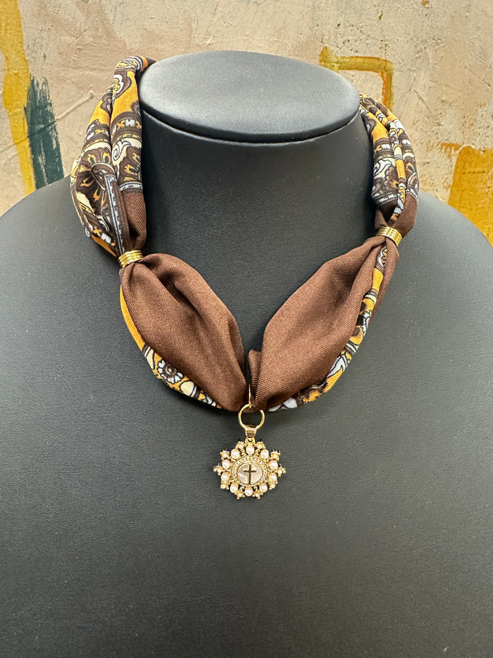 Brown Scarf Necklace with Cross Charm