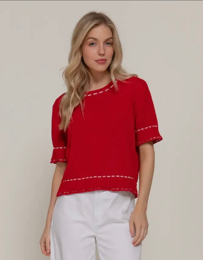 Red Summer Sweater with White Stitching
