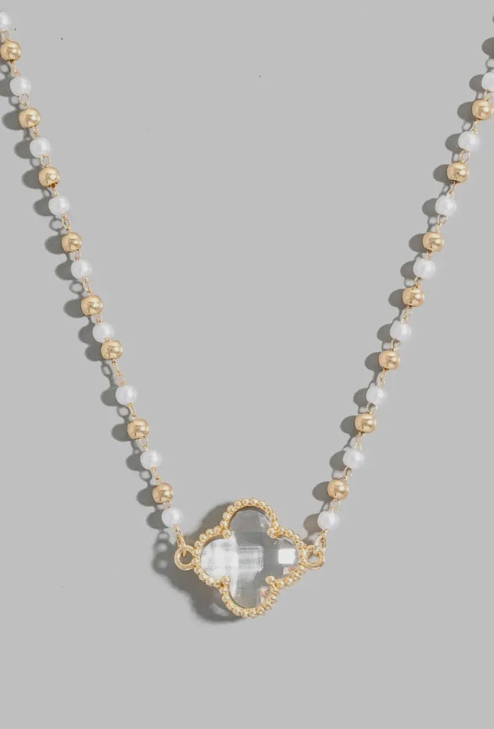 Pearl & Gold Bead Necklace with Clear Clover