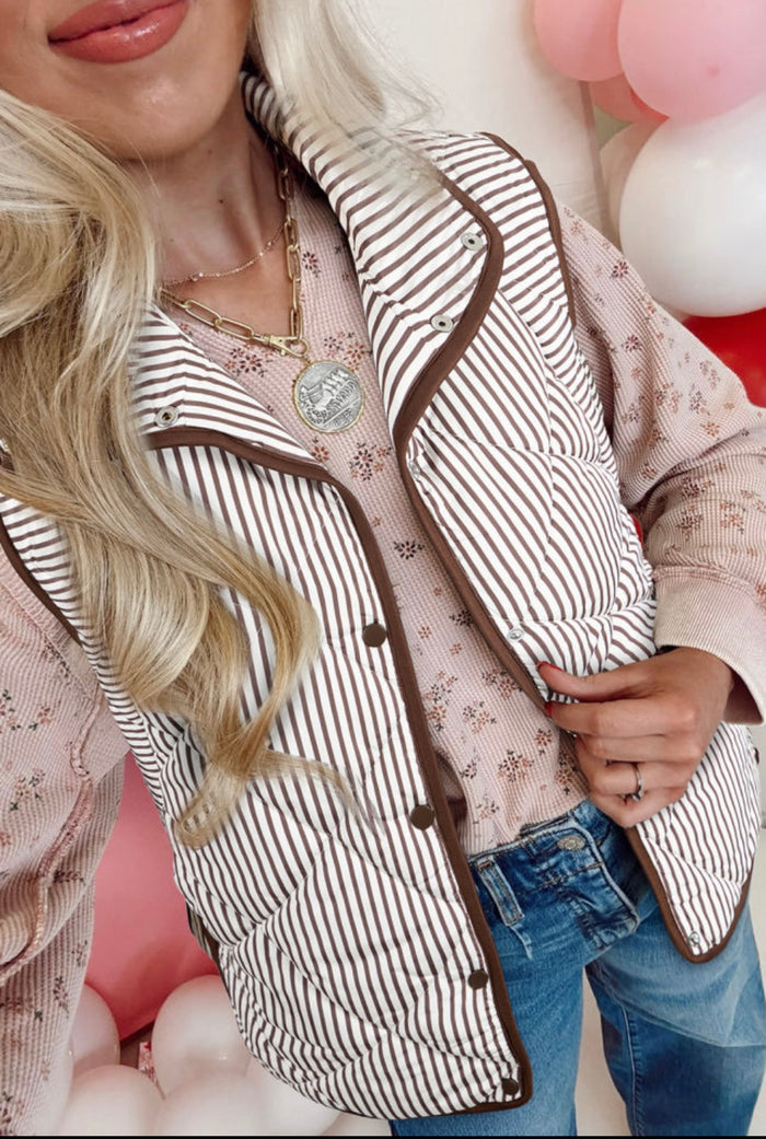 Brown & White Striped Puffer Vest
