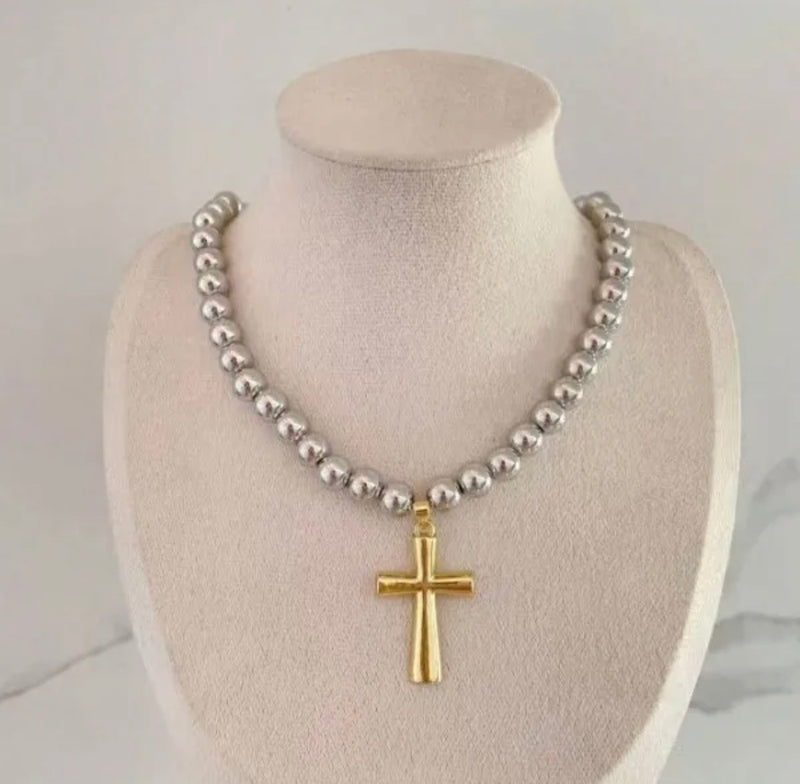 Silver Beaded Necklace with Gold Cross