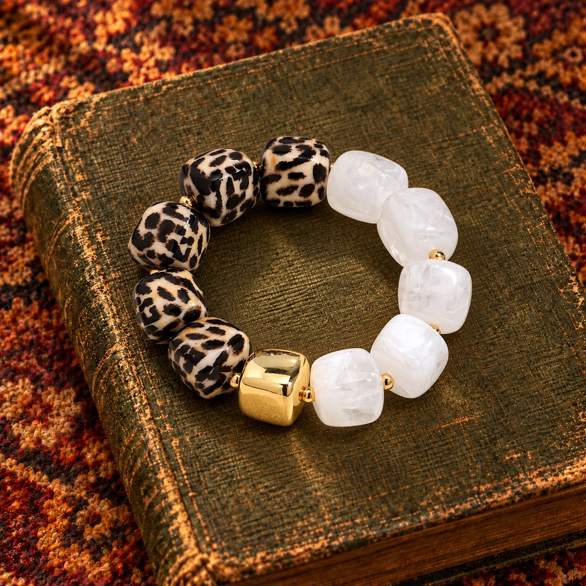 Leopard, Gold, & White Chunky Bead Bracelet