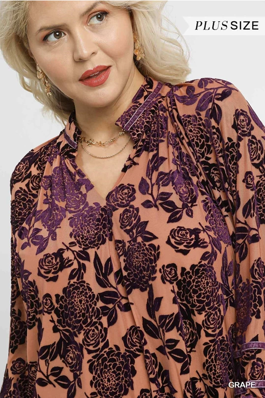 Plus Floral Grape Velvet Burnout Blouse