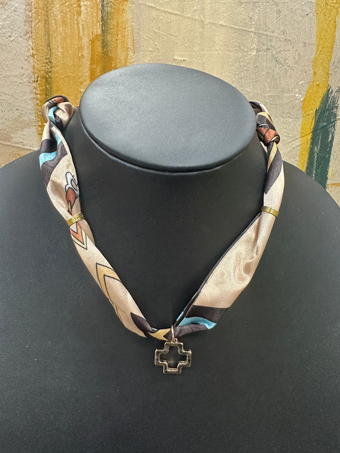 Neutral Scarf Necklace with Cross Charm