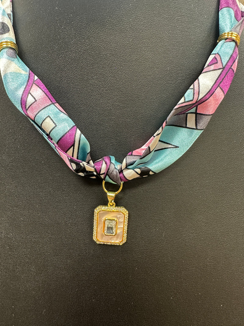 Turquoise, Pink, Purple Scarf Necklace with Rectangular Charm