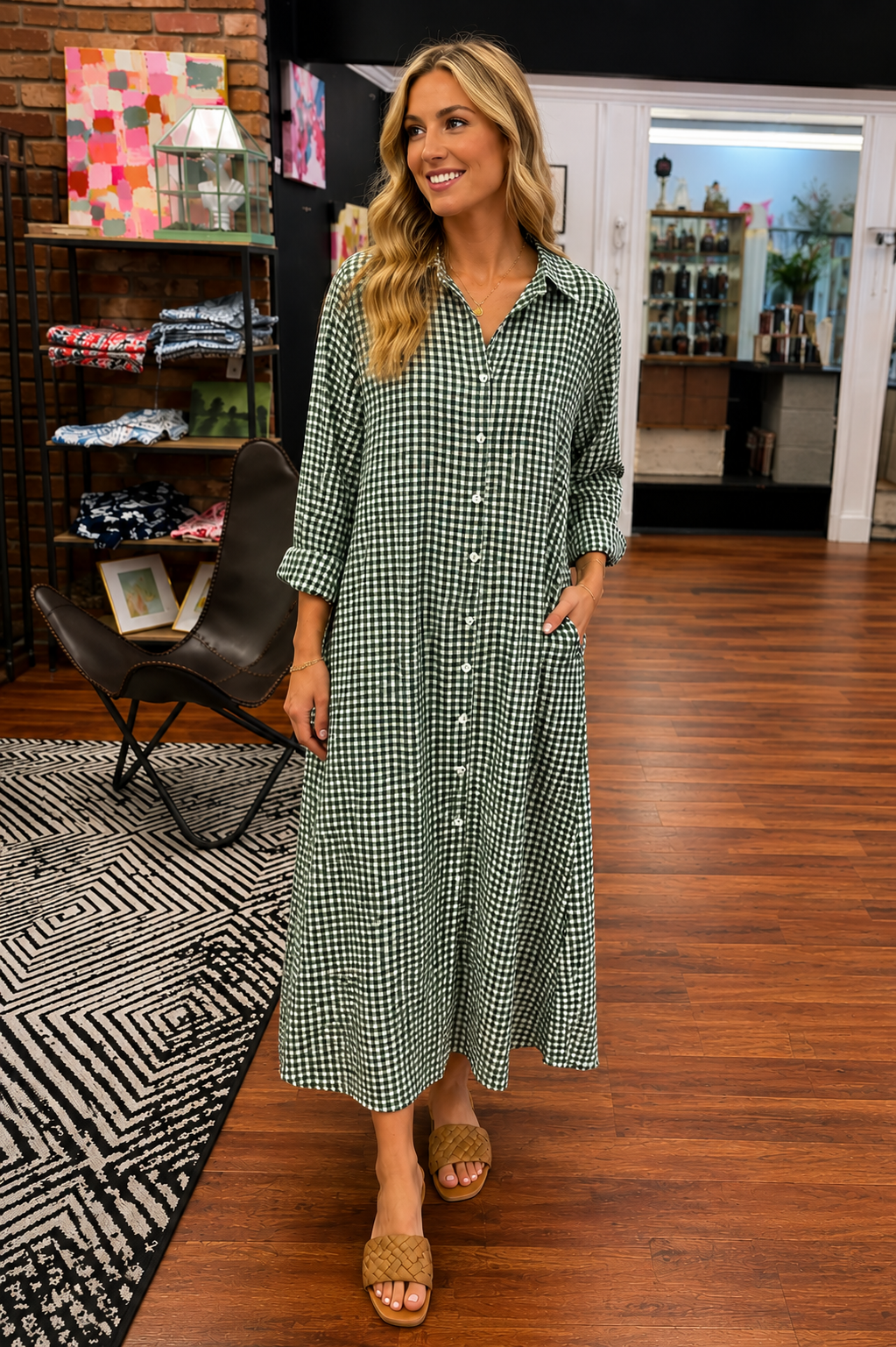 Green Long Gingham Dress