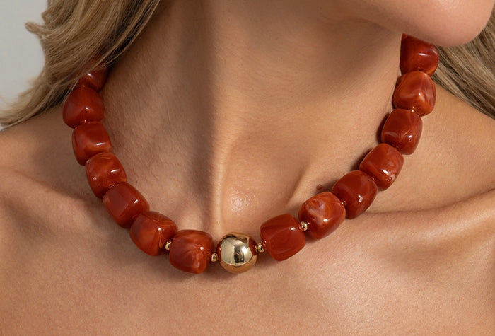 Red/Brown & Gold Bead Chunky Necklace