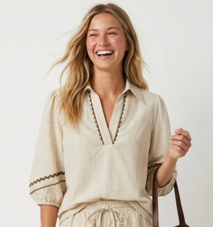 Linen Colored Blouse with Brown Trim