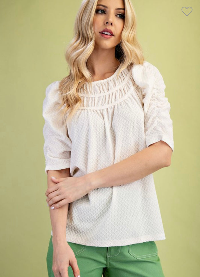 Cream Ruched Sleeve Blouse