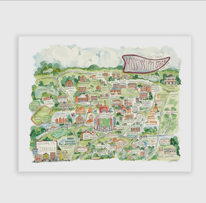 11 x 14 Mississippi State or Ole Miss Map Art Print