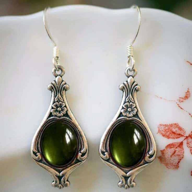 Dark Green & Silver Drop Earrings