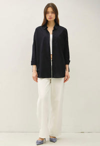 Black Button Up Rounded Hem Blouse