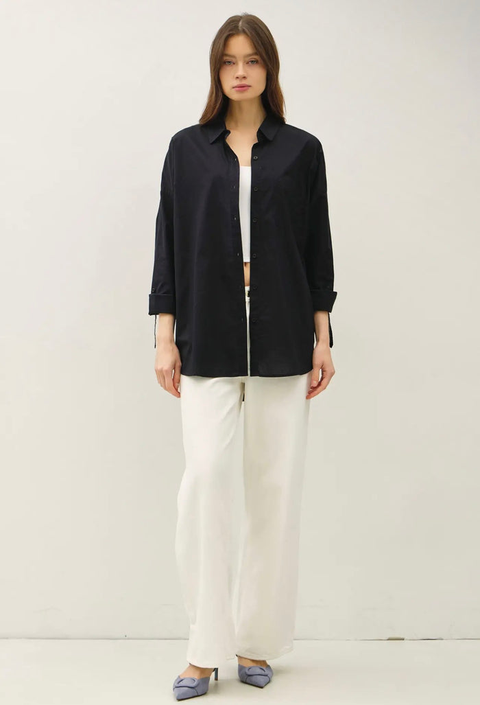 Black Button Up Rounded Hem Blouse