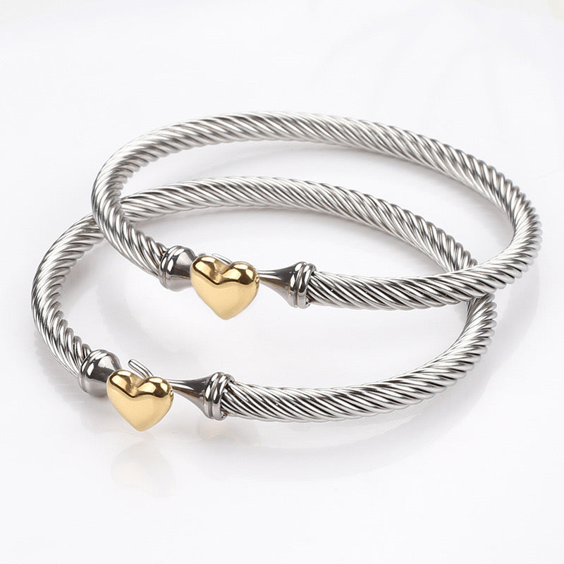 Silver Twisted Bracelet with Gold Heart
