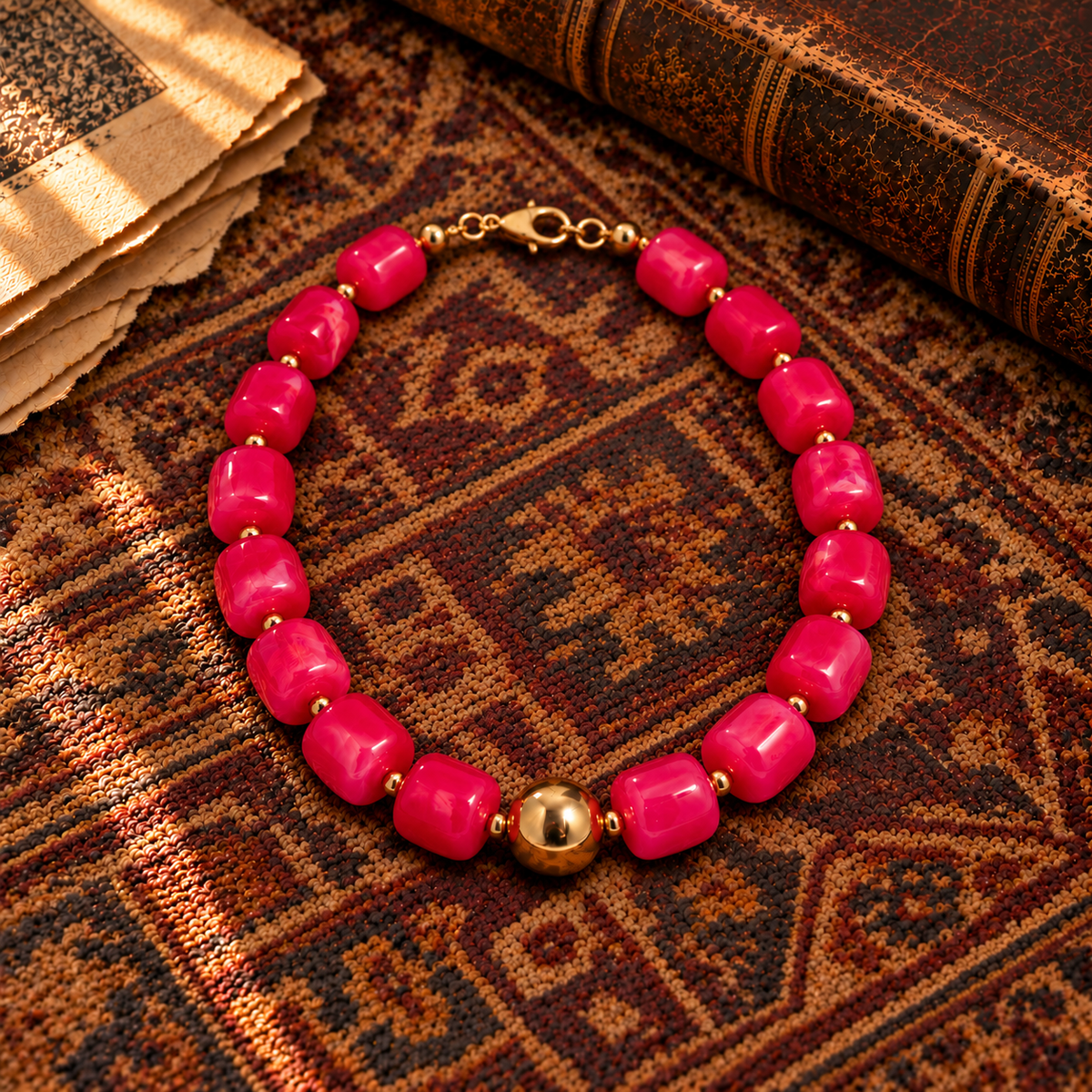 Hot Pink & Gold Bead Necklace