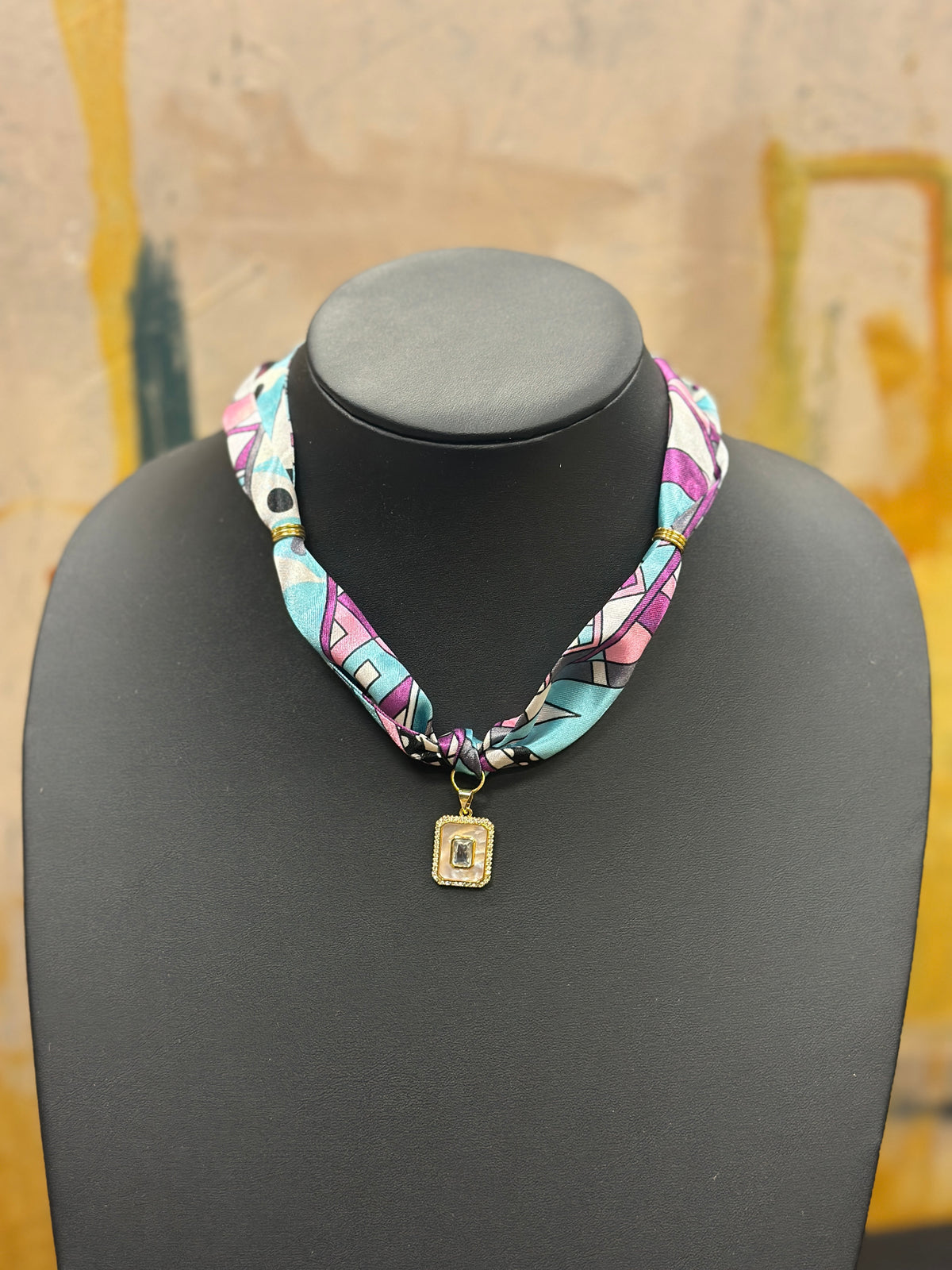 Turquoise, Pink, Purple Scarf Necklace with Rectangular Charm