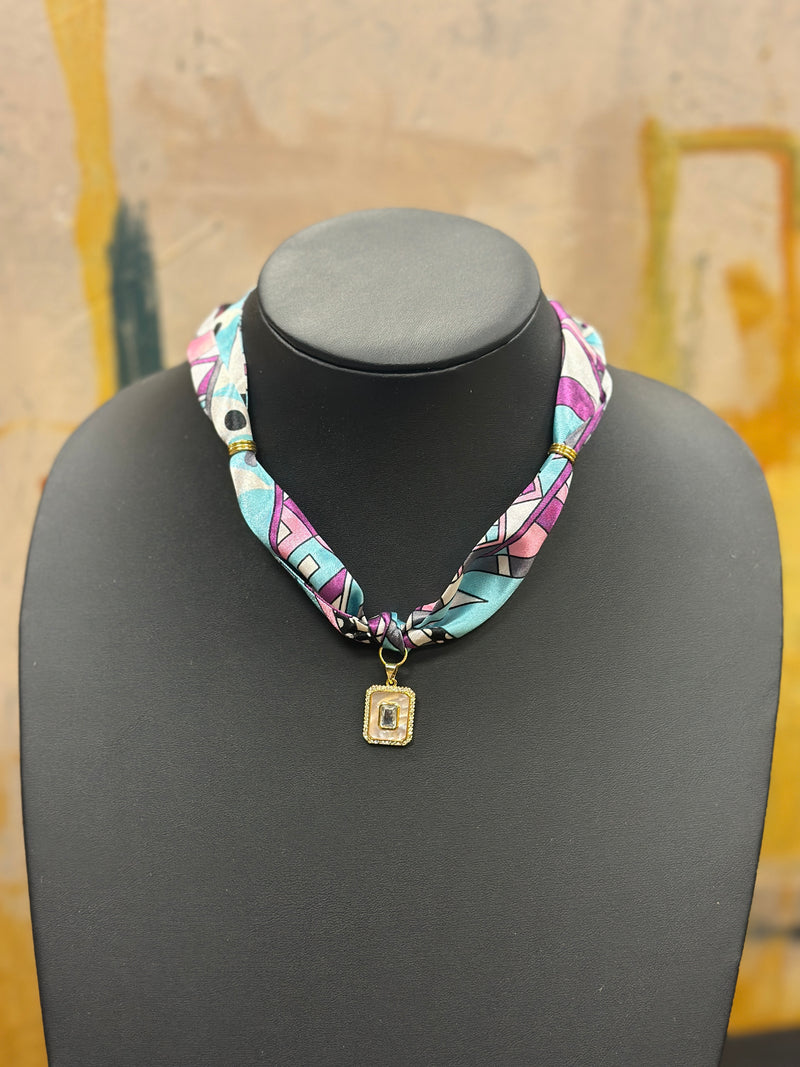 Turquoise, Pink, Purple Scarf Necklace with Rectangular Charm