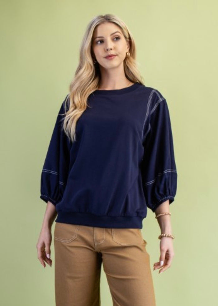 Navy White Stitched 3/4 Sleeve Blouse