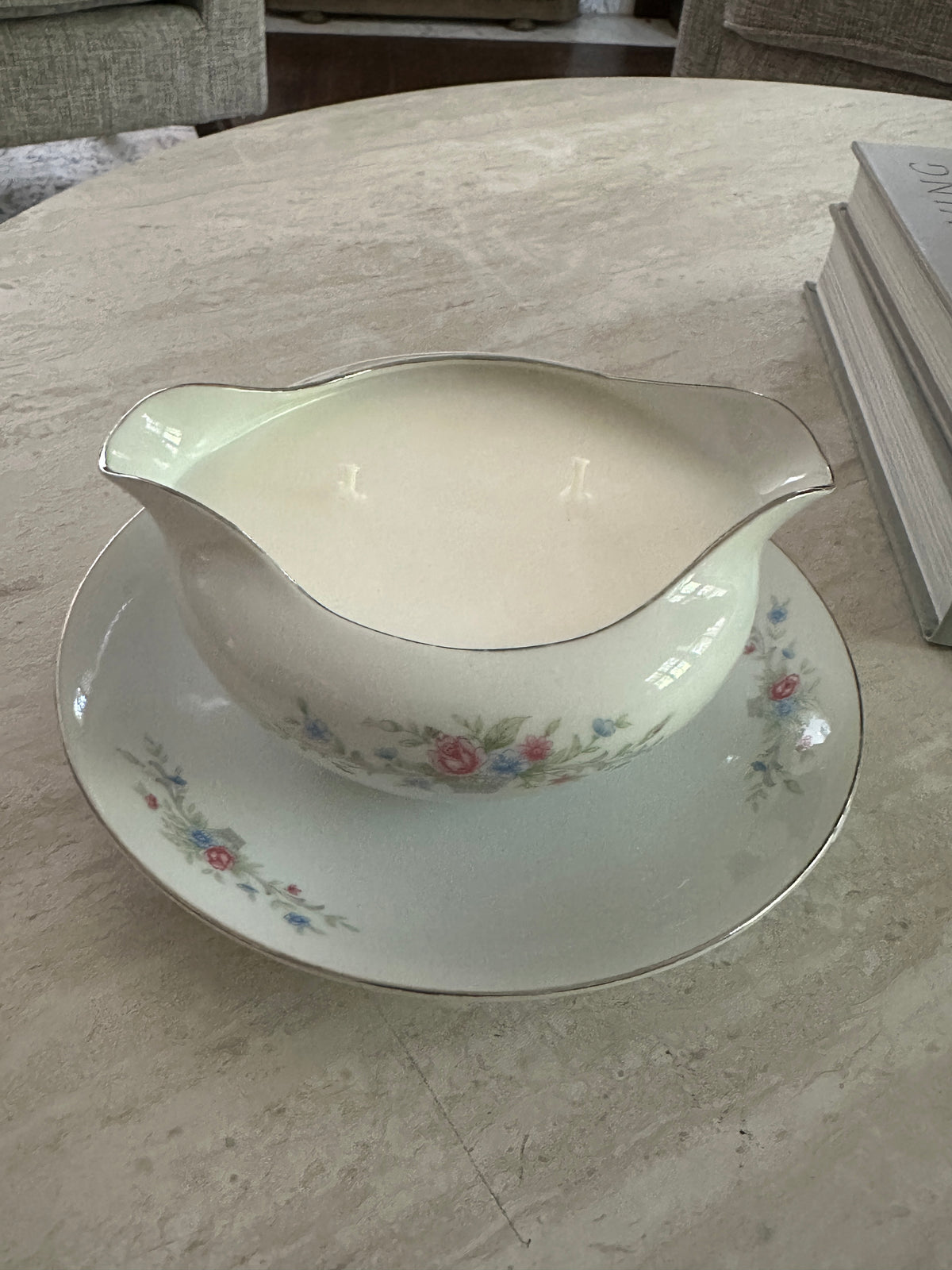 Old Soul Candle Co. Candle: Sugar & Chardonnay China Gravy Boat with Attached Saucer