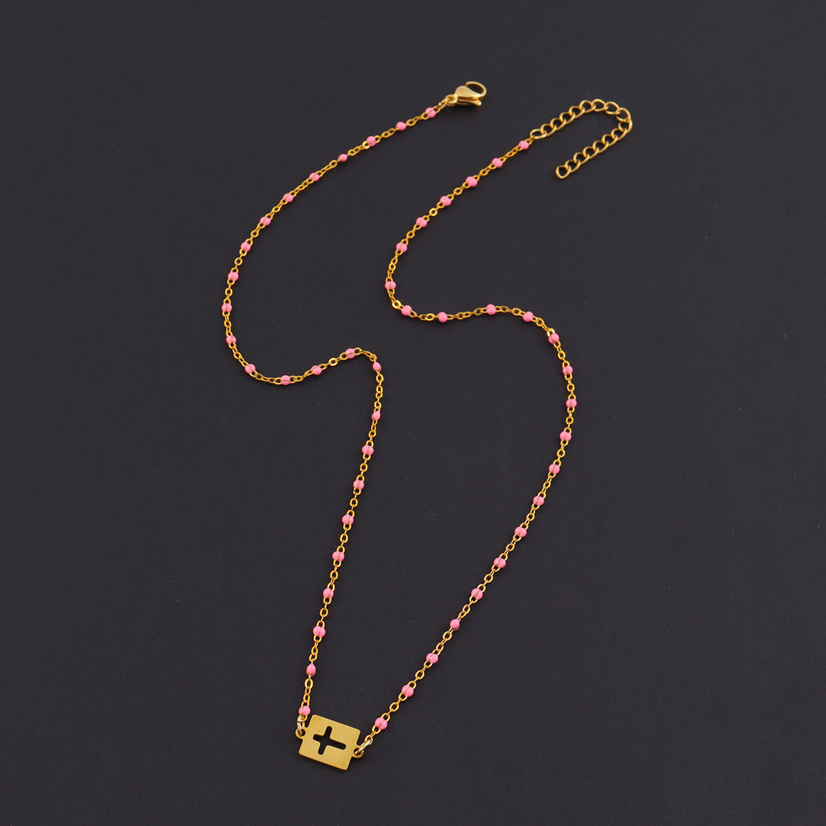 Pink Bead Sideways Cross Necklace