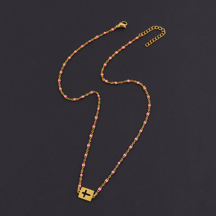 Pink Bead Sideways Cross Necklace
