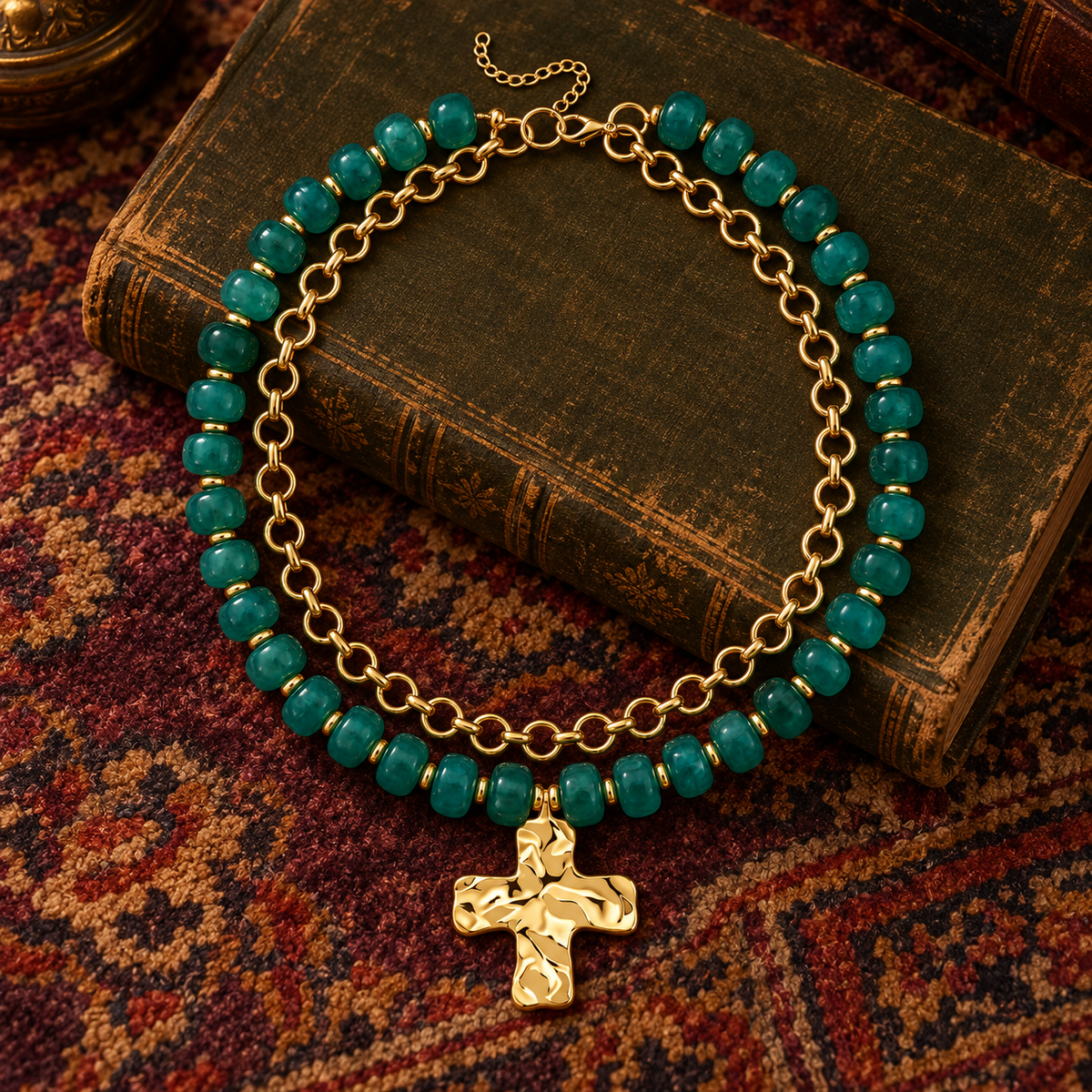 Dark Green Beaded Double Cross Necklace