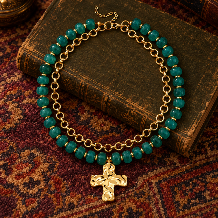 Dark Green Beaded Double Cross Necklace
