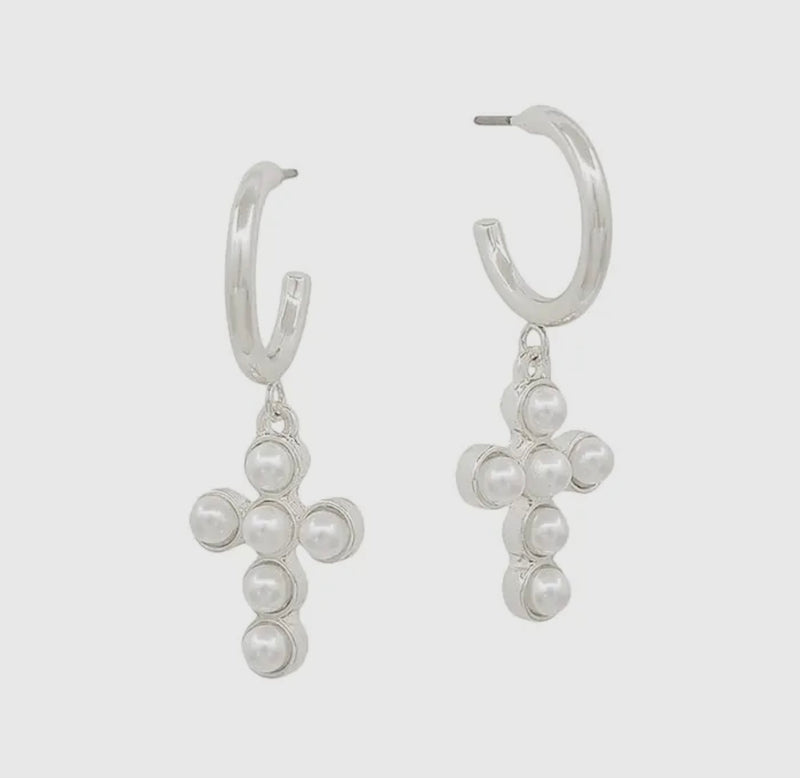 Silver Huggie Hoop Cross Earrings