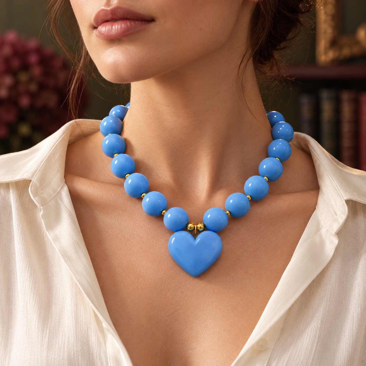 Blue Chunky Bead Heart Necklace
