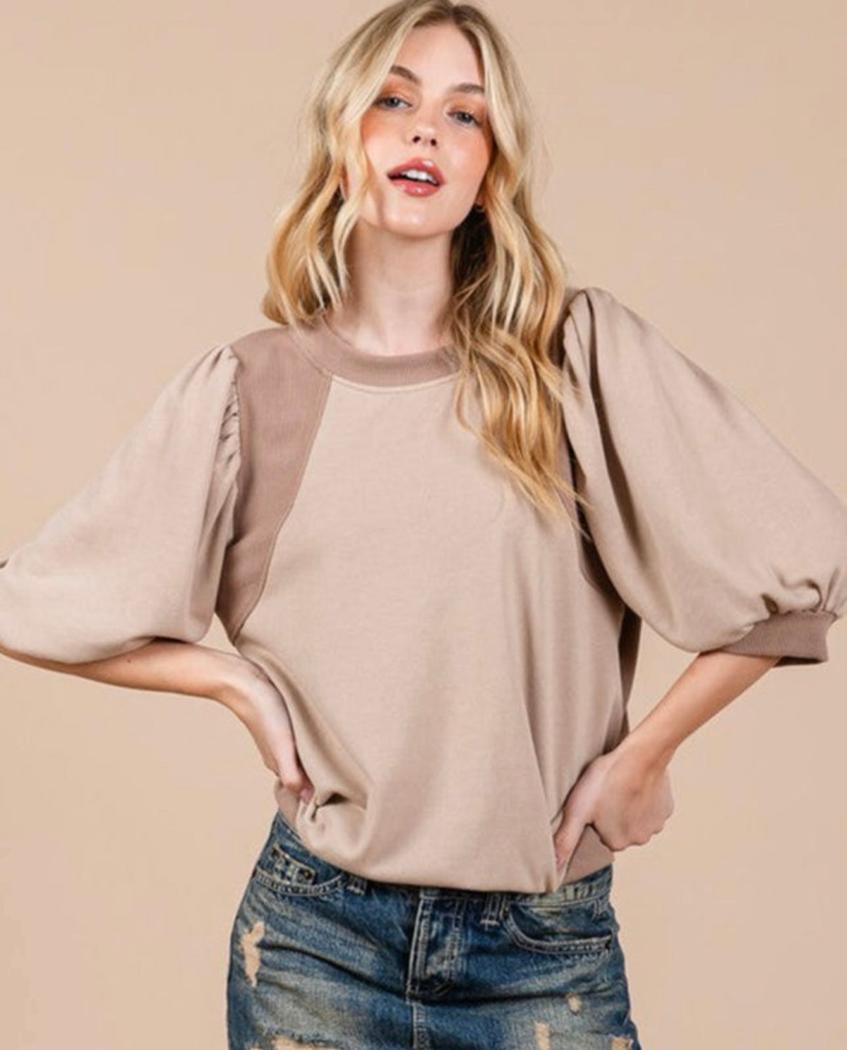 Available in Store: Tan Lantern Sleeve Top