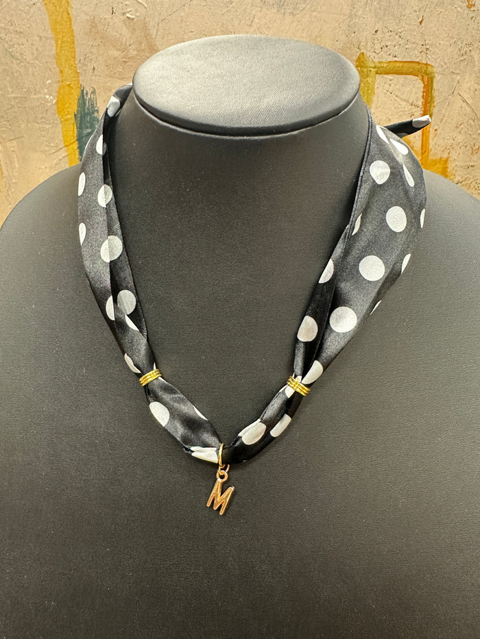 Black & White Polka Dot Scarf Necklace with “M” Charm