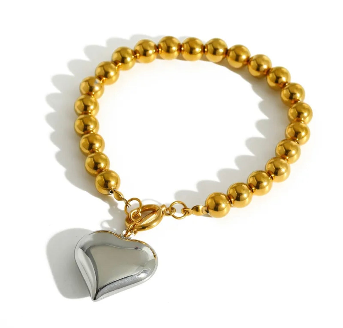 Gold Bead Bracelet with Silver Puffy Heart